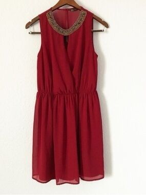 Zara Red Sleeveless Dress with Embellished Collar